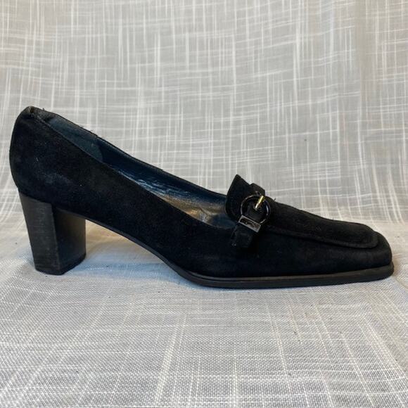 Stuart Weitzman Square Toe Pump Black Suede Buckle Strap Heel Womens Size 9 AA - Picture 3 of 8